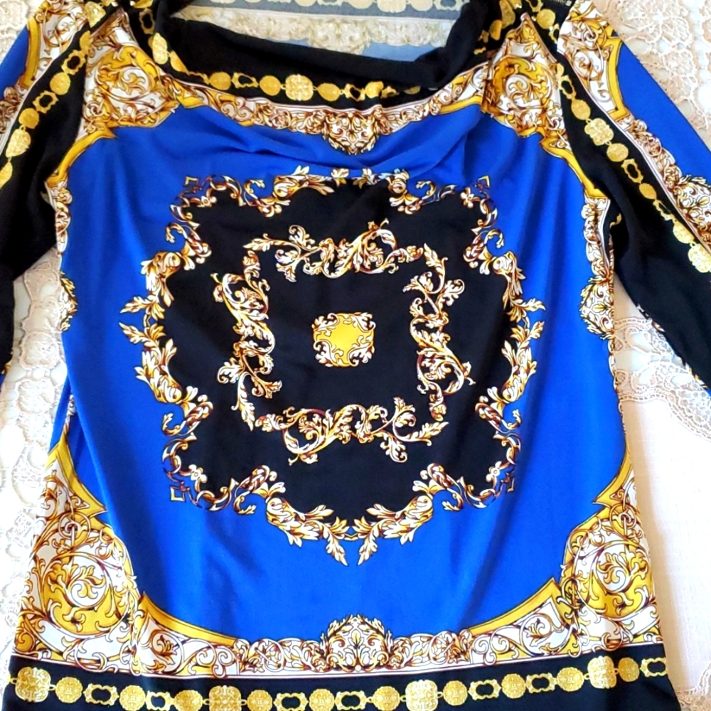 Ladies top blue/ black design with gold zippers and beads